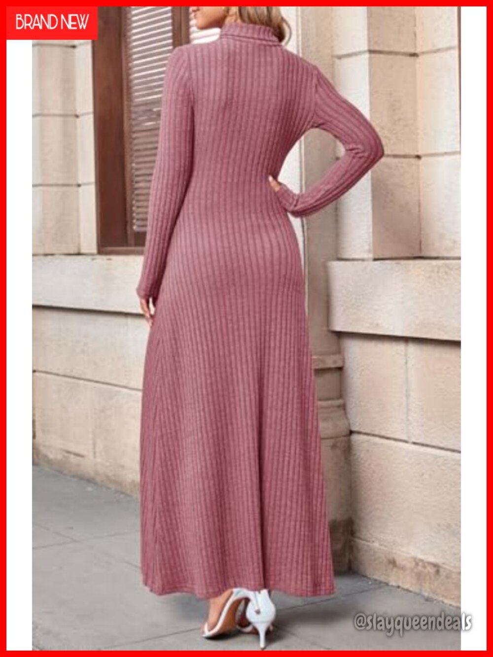 MITILLY Women's Ribbed Knit Long Sleeve Maxi Dress Turtle Neck Bodycon - Picture 3 of 6